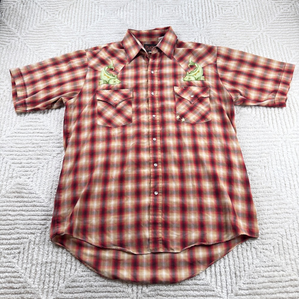 Plains Western Pearl Snap Shirt Mens M  Plaid Koi Fish Embroidered Star VTG 90s